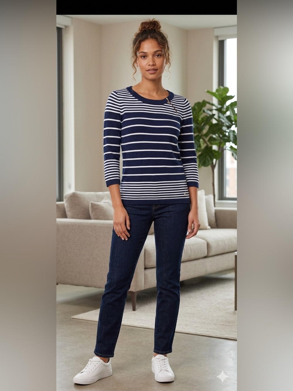 Nautica Navy & White Striped Knit Top with Anchor Zip Charm